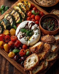 Burrata cheese platter with grilled vegetables and bread