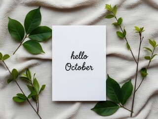 Handwritten Hello October Card With Green Leaves autumn greeting