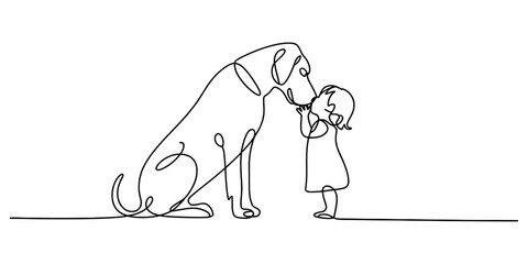 Obraz premium A continuous line drawing illustrating the loving friendship between a small child and a large dog Vector, illustration