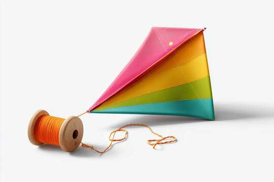 Isolated colorful kite with manja spool on transparent-compatible white background.