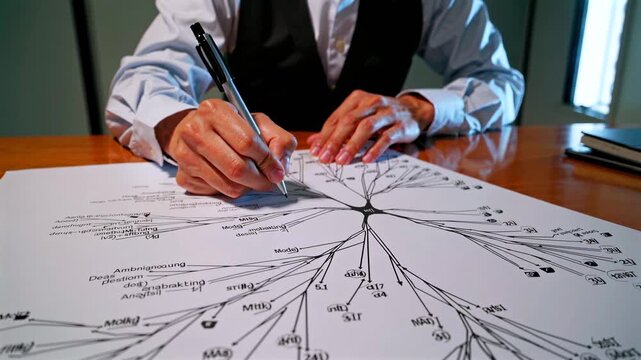 Strategic genealogy planning session, Man outlines organizational lineage with pen in detailed diagram, Business strategist meticulously drafts familial and corporate roles on large paper surface