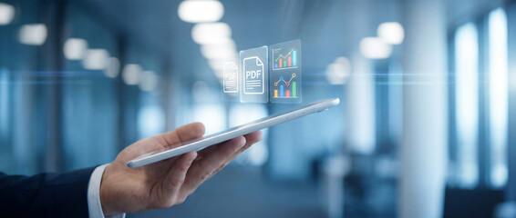 Tablet showcasing floating PDF and graph icons, ideal for modern business presentations or tech-focused articles.