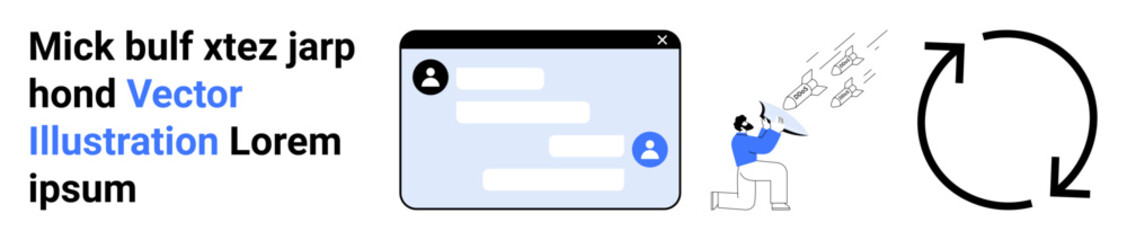 Fototapeta premium Communication, user interaction, workflow processes, online messaging, automation cycle, repetitive tasks. Chat window, user interactions and circular arrow illustration. Communication and workflow