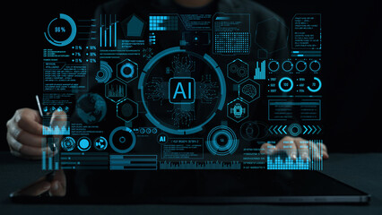 Explore a futuristic portrayal of artificial intelligence data analysis featuring intricate infographics, metrics, and a dynamic user interface on a touchscreen device. Cipher