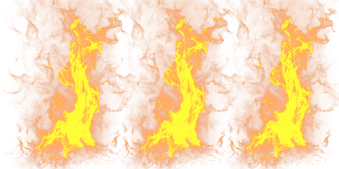 A set of vibrant flames burning brightly on transparent background