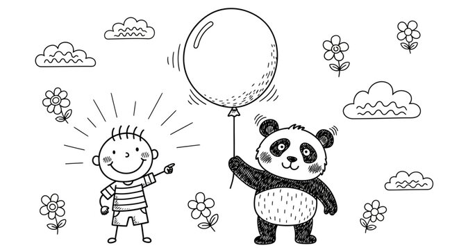 Cartoon Panda Bear Holding Balloon with Boy.