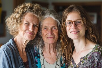 Grandmother, mother, and daughter smiling together, showing family bond and connection across generations