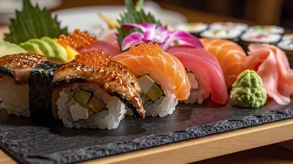 Elegant Sushi Platter on Slate Serving Board - A beautifully arranged sushi platter featuring a variety of sushi pieces, including nigiri topped with fish roe and rolls with fresh avocado and other