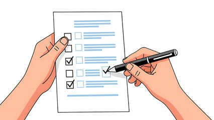 Hands holding a document and a pen cut out on PNG, isolated on white background, survey or quiz concept, AI generated
