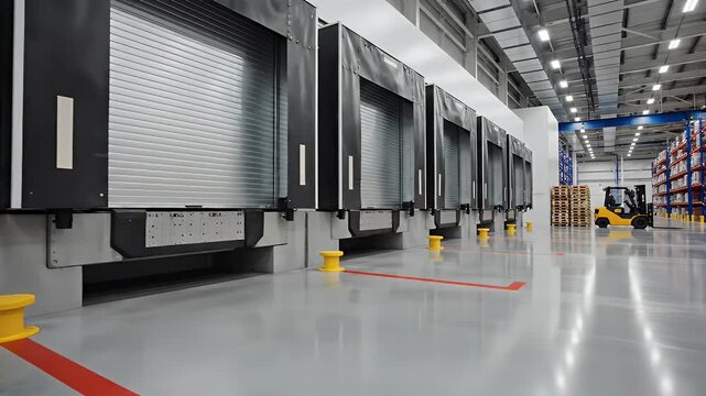 Modern Warehouse Loading Dock Area - The video shows a clean and organized modern warehouse with multiple loading dock doors, each equipped with closed roll-up doors.