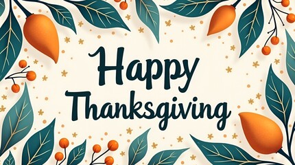 Stylish Thanksgiving greeting artwork showcasing flowing teal foliage and vibrant orange berries, centered elegant calligraphy Happy Thanksgiving, balanced layout for banners
