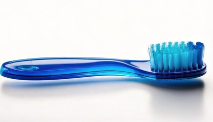 Close-up of a vibrant blue toothbrush on a clean white surface, dental hygiene concept.