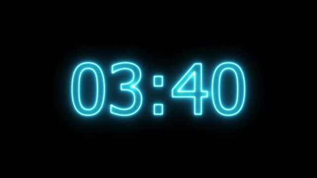 glowing neon 4-Minute Digital Countdown Timer (4:00 to 0:00) on black Background ,