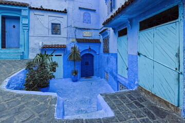 Small square in the medina painted in shades of blue, lined with wooden doors also blue and planters containing green plants. Chefchaouen-Morocco-026