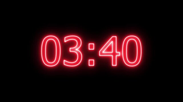 glowing neon 4-Minute Digital Countdown Timer (4:00 to 0:00) on black Background ,