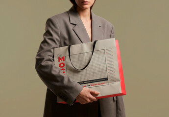 Girl in Suit Elegant Holding Bag Shopping Mockup