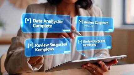 Adult works on a tablet in muted indoor daylight. Businesswoman at work in the office - Powered by Adobe