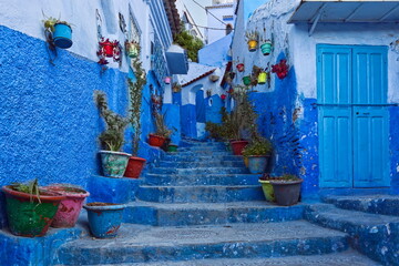 A well-known alleyway in the medina, painted in shades of blue, lined with colorful planters and pots containing green plants. Chefchaouen-Morocco-037