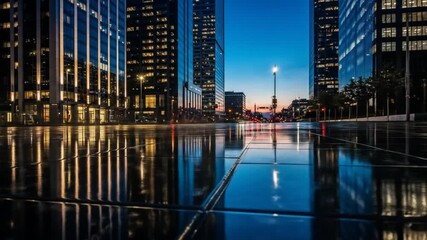 Urban evening motion with gleaming skyscraper reflections shimmering off city street tiles - Powered by Adobe