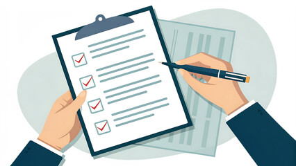 Hands holding a document and a pen cut out on PNG, isolated on white background, survey or quiz concept, AI generated
