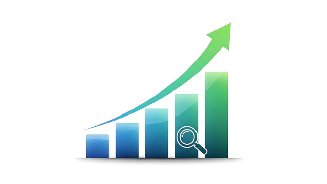 A vector graphic illustration of a growing bar chart with a magnifying glass and green arrow