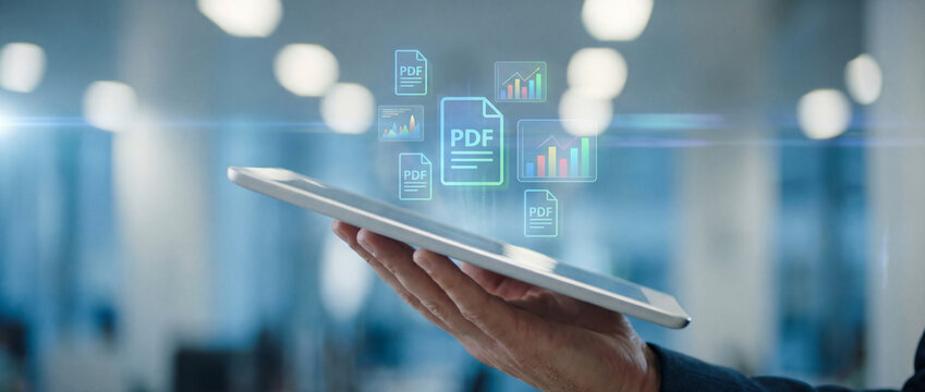 A hand holds a tablet with floating PDF icons, illustrating digital document management ideal for business presentations or office decor.