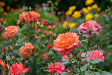 Obraz premium Peach roses blooming in a colorful garden, creating a picturesque natural scene