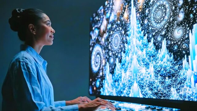 Woman manipulates knobs and faders to sync trippy visuals with electronic beats, Producer adjusting mixing console beside psychedelic screen