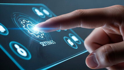 A person's finger interacting with a futuristic settings icon on a digital screen