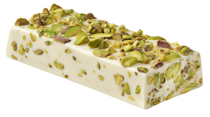Traditional white nougat bar with green pistachios isolated for confectionery packaging.

