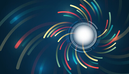 Abstract big data visualization with colorful curved lines orbiting a glowing central core, symbolizing data streams, analytics, processing power, and advanced digital technology.