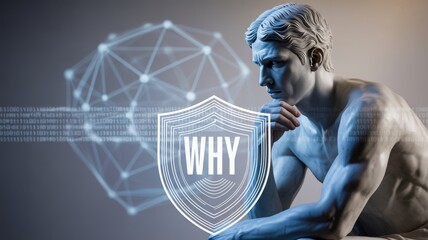 Modern graphic of The Thinker with neural links and "WHY" shield, exploring purpose, data networks, and philosophical depth in tech culture.