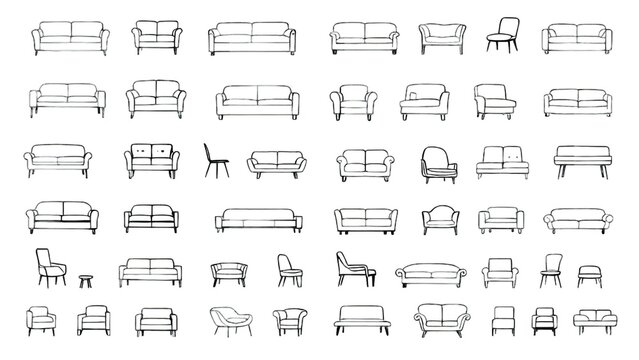 Collection of sofa and chair sketches showing various furniture designs in a black and white vector illustration