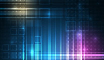 Abstract high-tech background with glowing squares, dots, and vertical light beams in blue and purple tones, representing digital data flow, modern technology, and futuristic interface design.