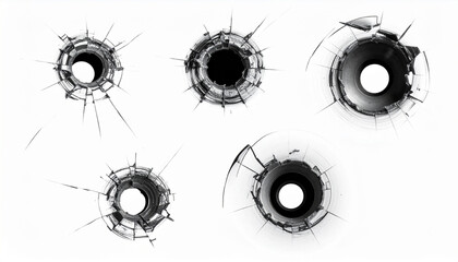 Bullet holes set in cracked glass on white background (high-contrast, isolated)