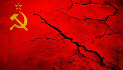 Cracked red Soviet flag background with hammer and sickle, grunge texture and copy space