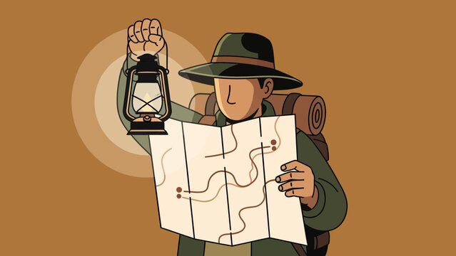 Adventurer Using Lantern And Map For Navigation In Unknown Location