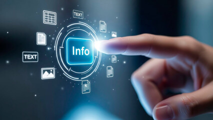 Hand interacting with glowing Info button and icons on dark blue background