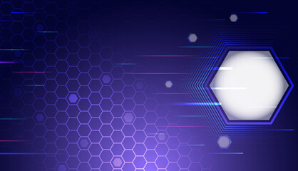 Futuristic high-tech background with a glowing hexagonal frame, blue and purple gradients, motion lines, and honeycomb pattern, symbolizing digital innovation, data flow, and modern technology.