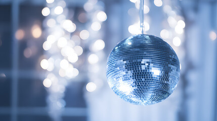 Disco ball shines in a party venue with twinkling lights during the evening celebration