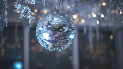 Disco ball hangs in a dimly lit room with twinkling lights during a nighttime gathering
