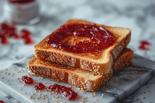 Two slices of toasted white bread with raspberry jam and sesame seeds, served on a marble board, perfect for a delicious breakfast or snack