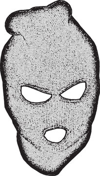 Vintage Knitted Balaclava Mask Illustration, a three-hole knitted balaclava or ski mask. The graphic features a heavy stippled texture, suitable for tactical, winter, or mystery themes.