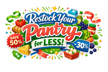 Restock Pantry Celebration. Modern festive banner with holiday message, eye-catching grocery promotion banner celebrating a fresh