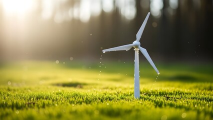 Renewable Energy Concept with Miniature Wind Turbine in Green Moss