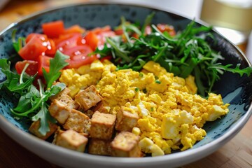Bowl containing scrambled tofu, cherry tomatoes, and fresh arugula, offering a nutritious and flavorful vegan breakfast option