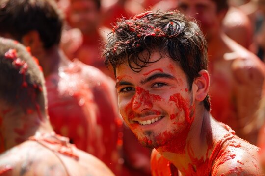 Portrait of a young man smiling and covered in tomato pulp during the annual la tomatina festival in bunol, spain