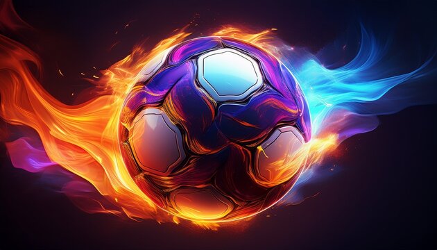 a soccer ball with fire effects on the side in beautiful orange blue and purple generative ai