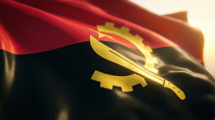 Detailed close-up of the Angolan flag showcasing its red, black, and yellow emblem. Ideal for educational materials or cultural presentations.