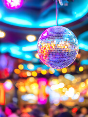 Disco ball hangs from the ceiling in a colorful venue with bright lights and a lively atmosphere during a night event
